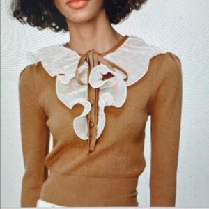 Zara Knit bow tie Top with Statement White Ruffled Collar